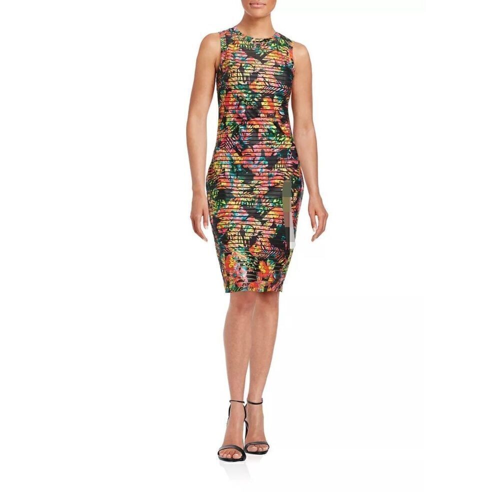 GUESS Bodycon Printed Sheath Mesh Midi Floral banded Dress Sleeveless sz. 4 Blac - Picture 2 of 8